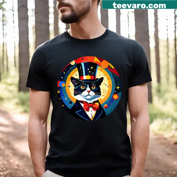 Cosmic cat in a distinguished outfit with stars and moons illustration