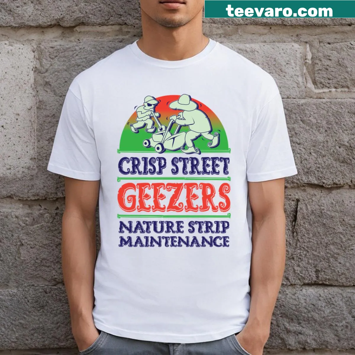 T-shirt featuring playful illustrations of street geezers — on a men's t-shirt