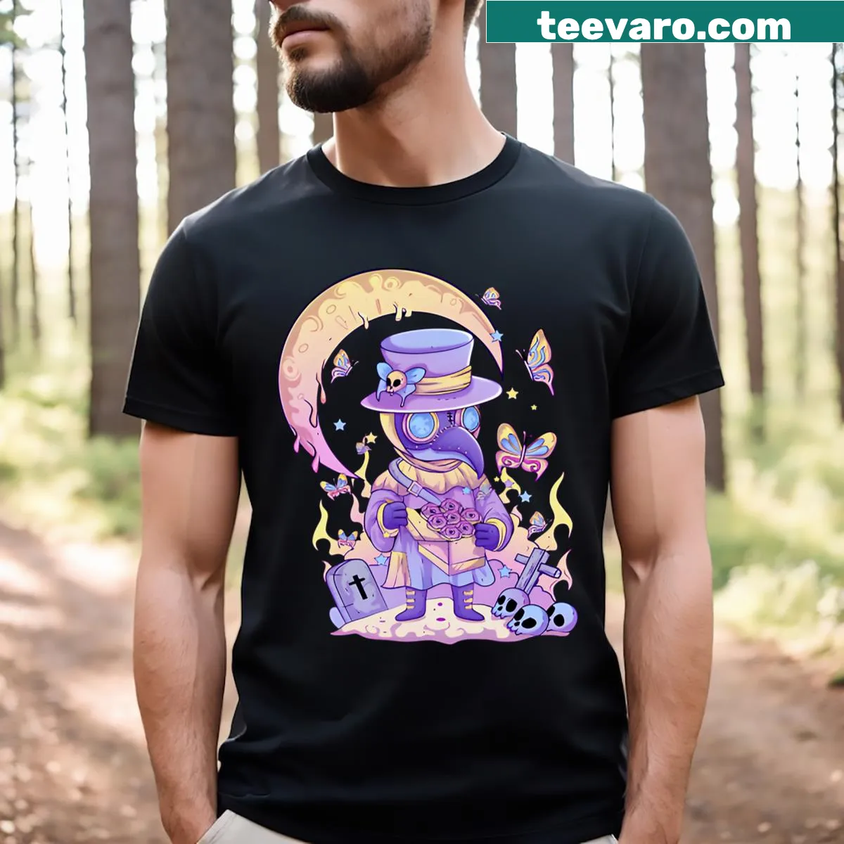 Cute anime-themed creepy doctor graphic on pastel goth t-shirt — on a men's t-shirt