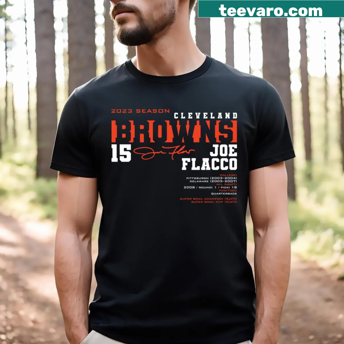 Illustrative design of Flacco for the Browns 2023 football season — on a men's t-shirt