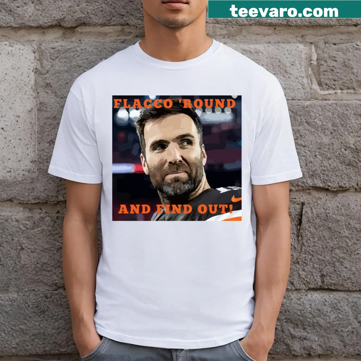 Edgy T-shirt with the phrase 'Flacco Round Find Out' — on a men's t-shirt
