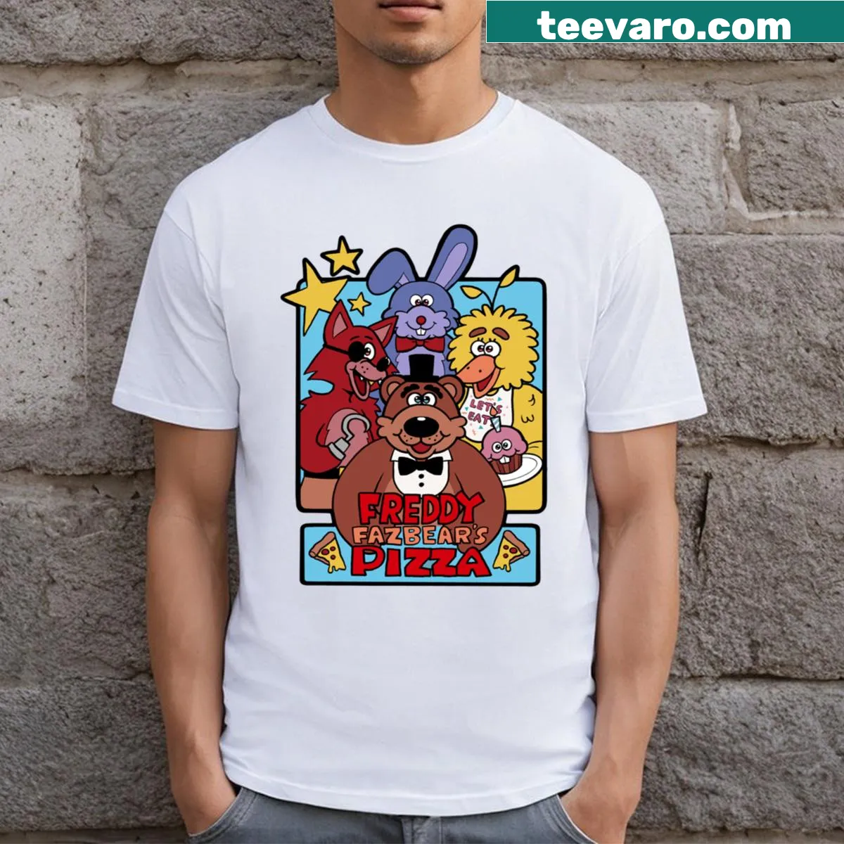 T-shirt featuring graphics inspired by Freddy Fazbear's Pizza — on a men's t-shirt