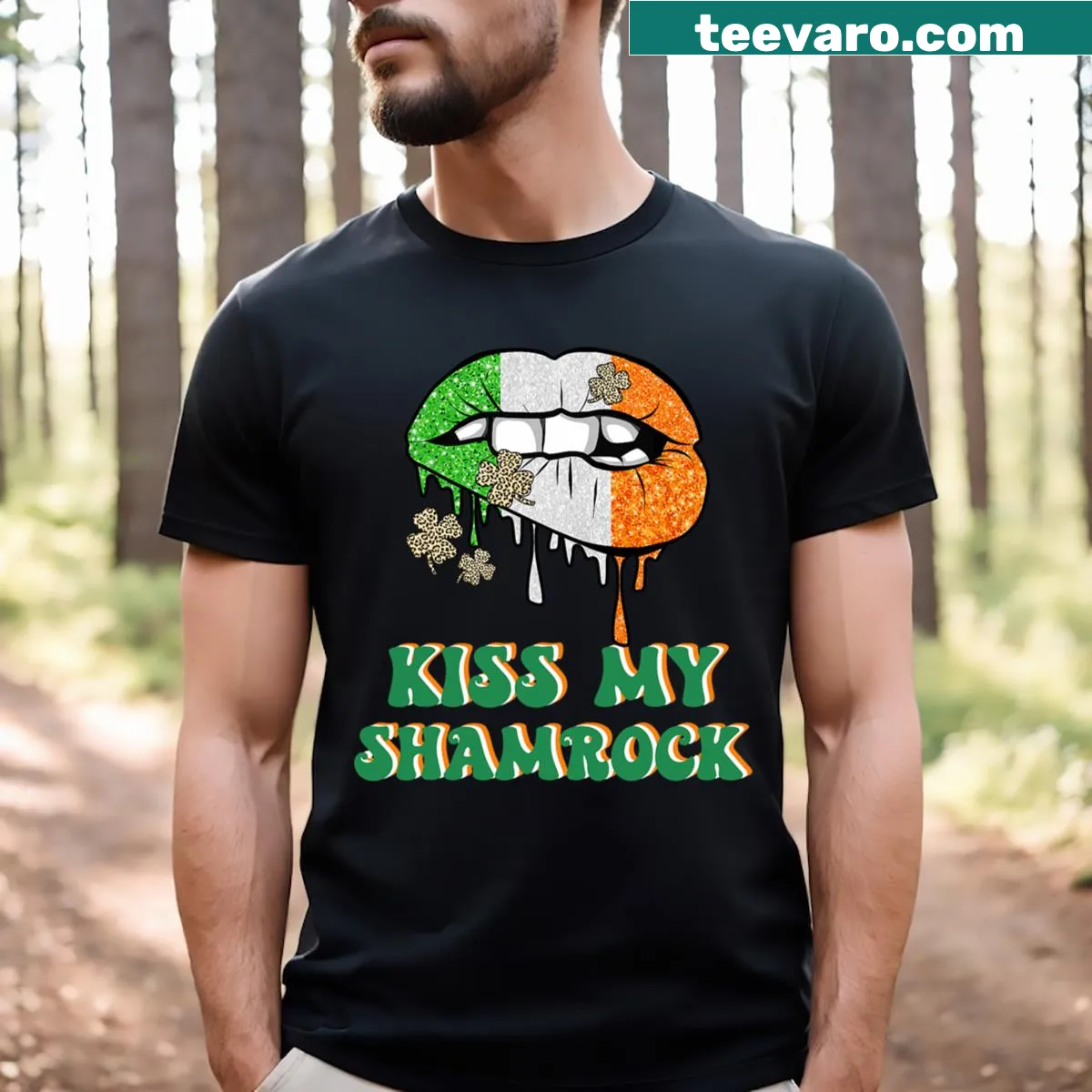 Funny St. Patrick's Day t-shirt with kiss and shamrock graphic — on a men's t-shirt