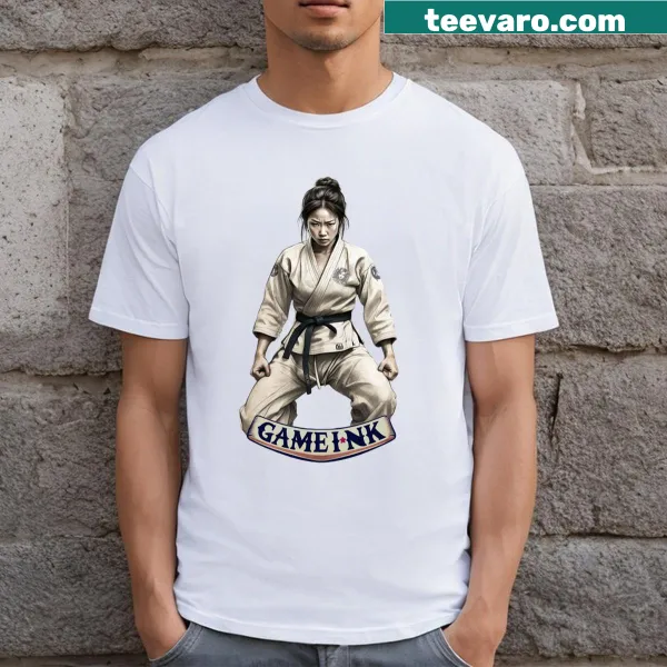 Bold typography Gameink logo on a women's martial arts T-shirt