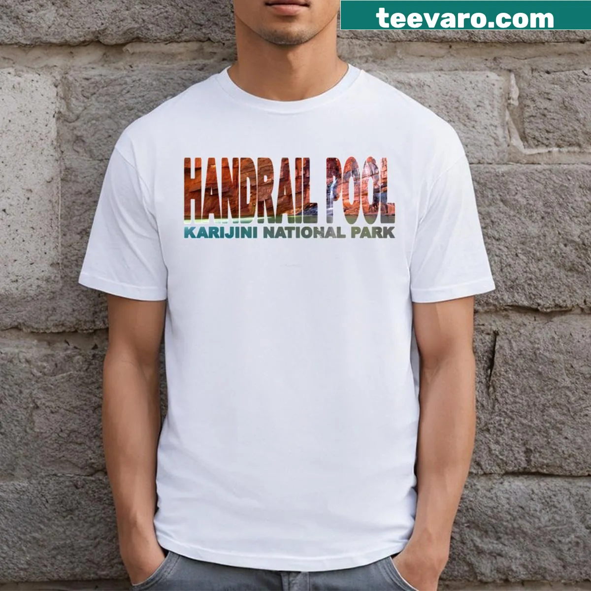 Illustrative T-shirt depicting Handrail Pool, Hancock Gorge, Karijini. — on a men's t-shirt