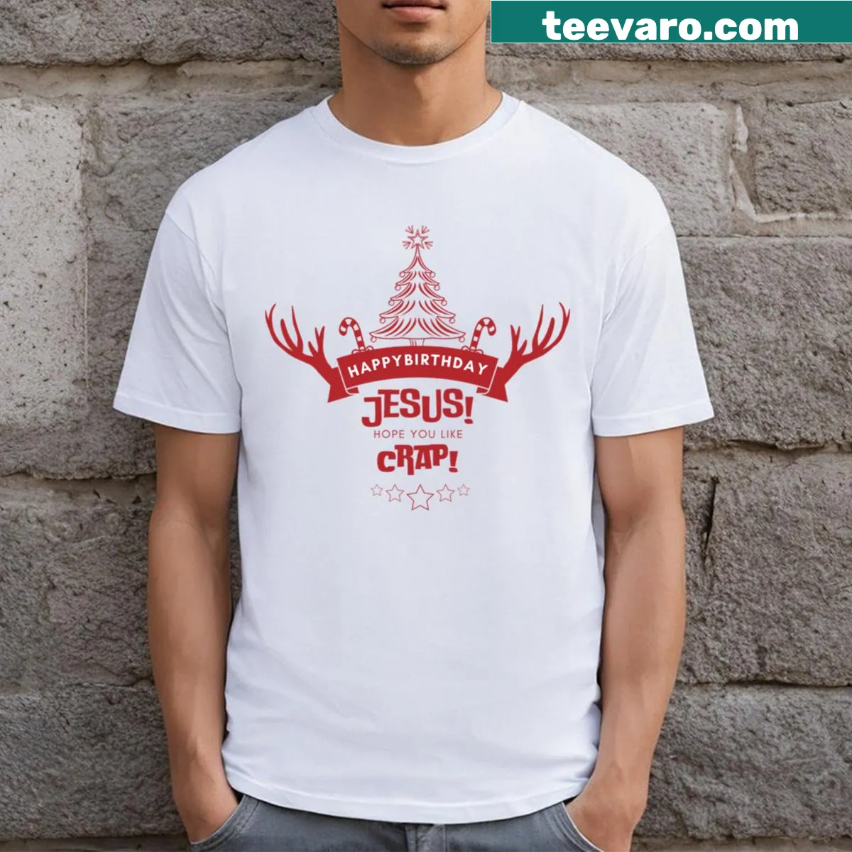 Funny Christmas T-shirt stating Happy Birthday Jesus — on a men's t-shirt