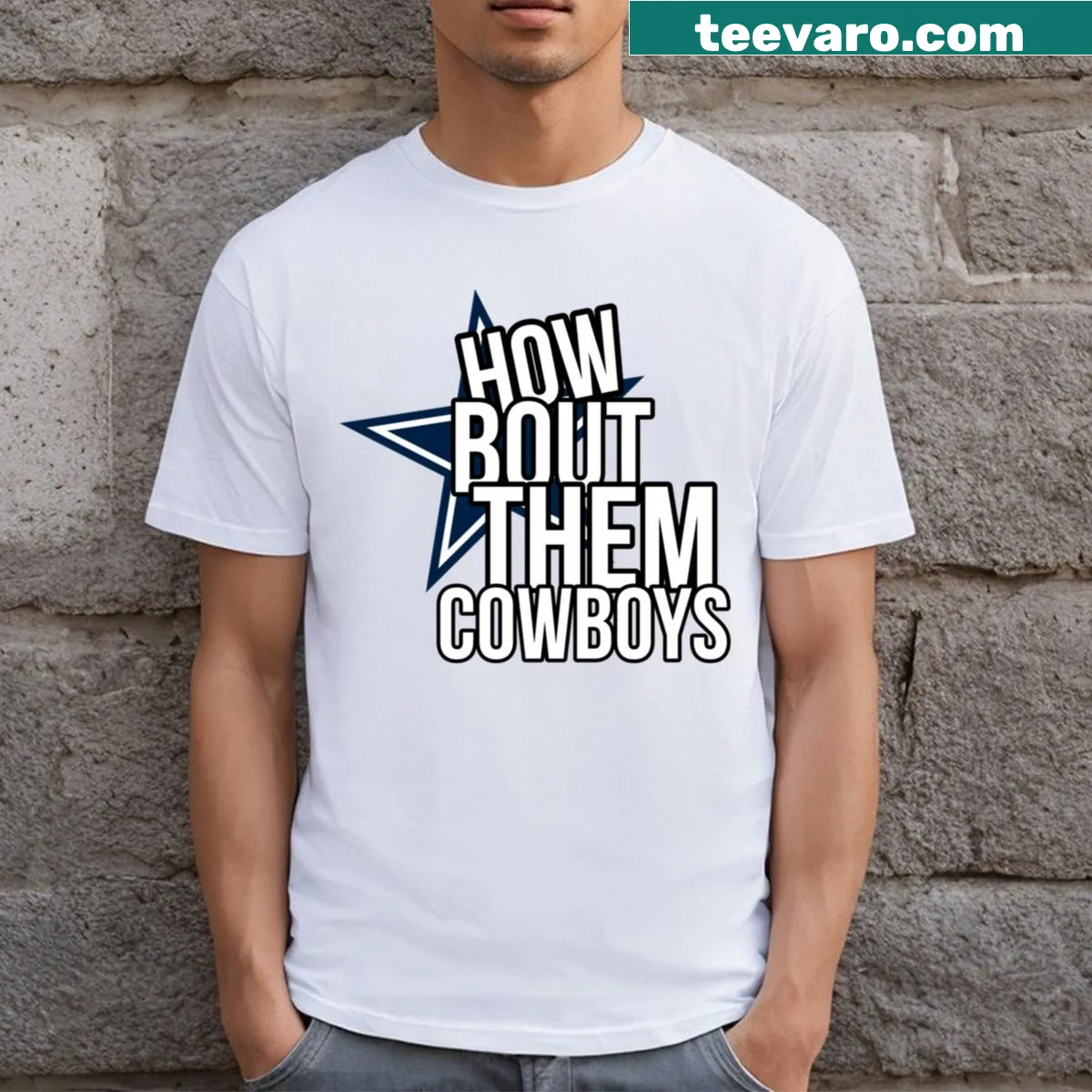 T-shirt with the phrase 'How Bout Them Cowboys' for football fans — on a men's t-shirt