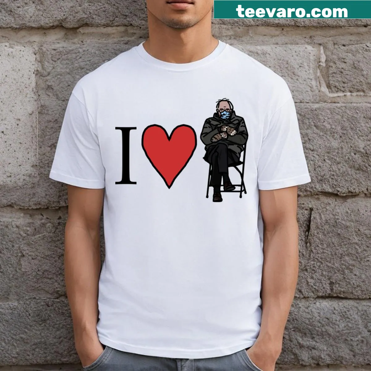 Valentine's Day T-shirt featuring 'I Heart Bernie Sanders' with mittens — on a men's t-shirt