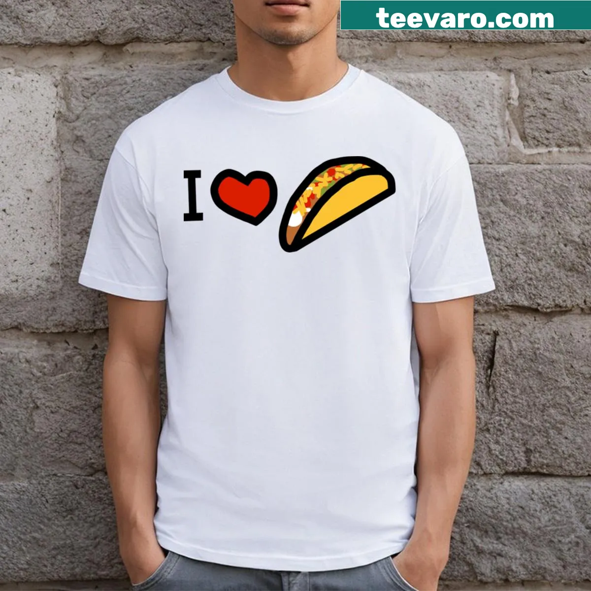 Playful text graphic that says 'I Love A Taco' on a T-shirt. — on a men's t-shirt