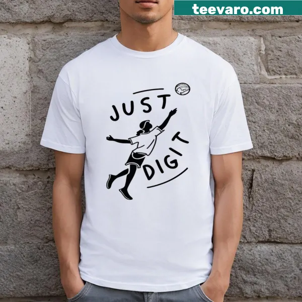 Vintage T-shirt with volleyball player serving the ball and 'Just Dig It'