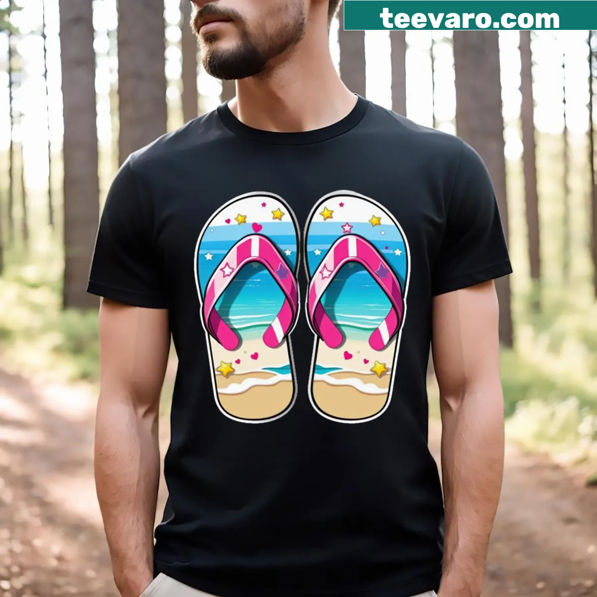 Playful T-shirt design featuring cute flip flops for summer vibes. — on a men's t-shirt