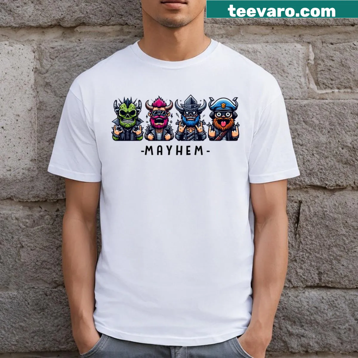 Funny t-shirt featuring Mayhem character with playful text — on a men's t-shirt