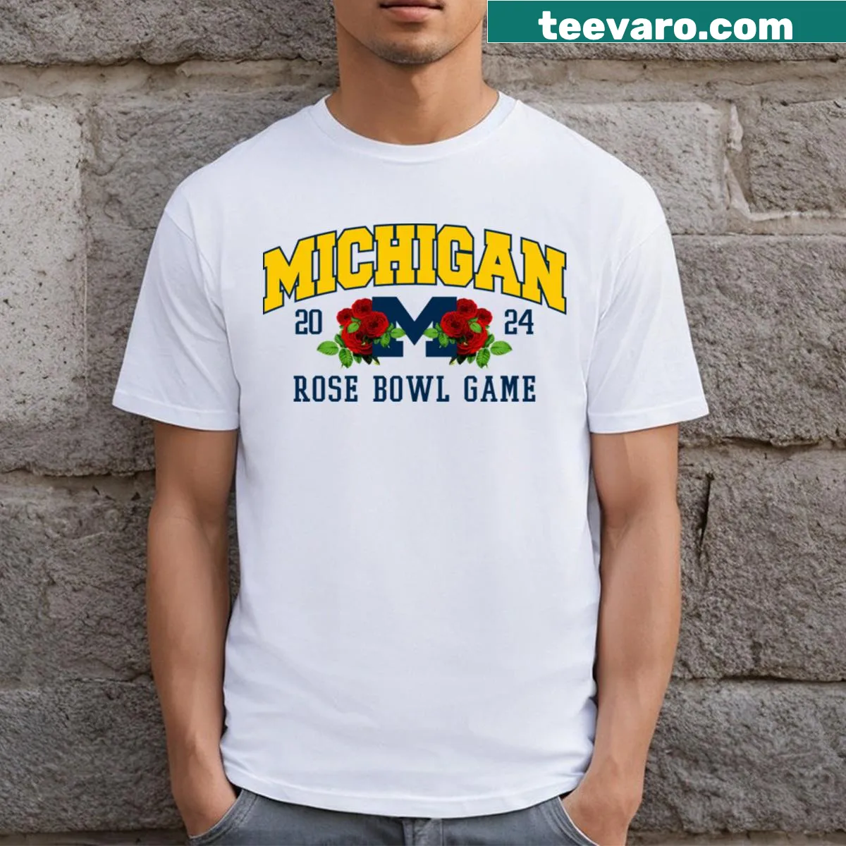 Michigan Rose Bowl Champs 2024 T-shirt with bold text — on a men's t-shirt