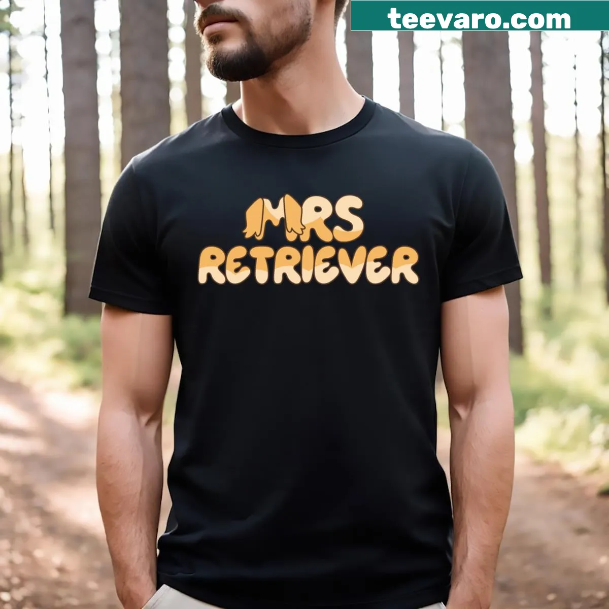 Cute Mrs Retriever T-shirt featuring a playful dog illustration — on a men's t-shirt