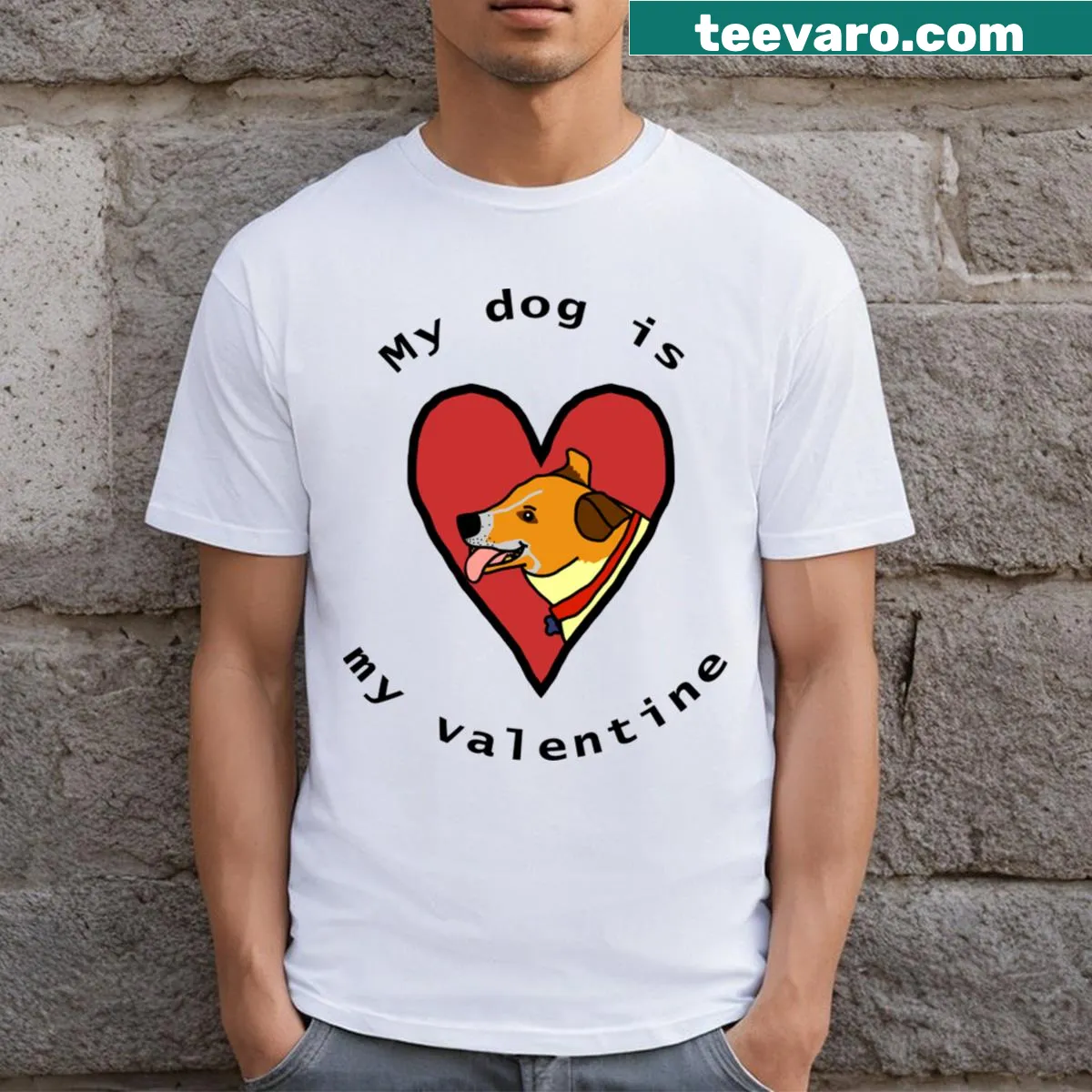 T-shirt with a graphic of a Corgi Terrier cross and text 'My Dog Is My Valentine' — on a men's t-shirt