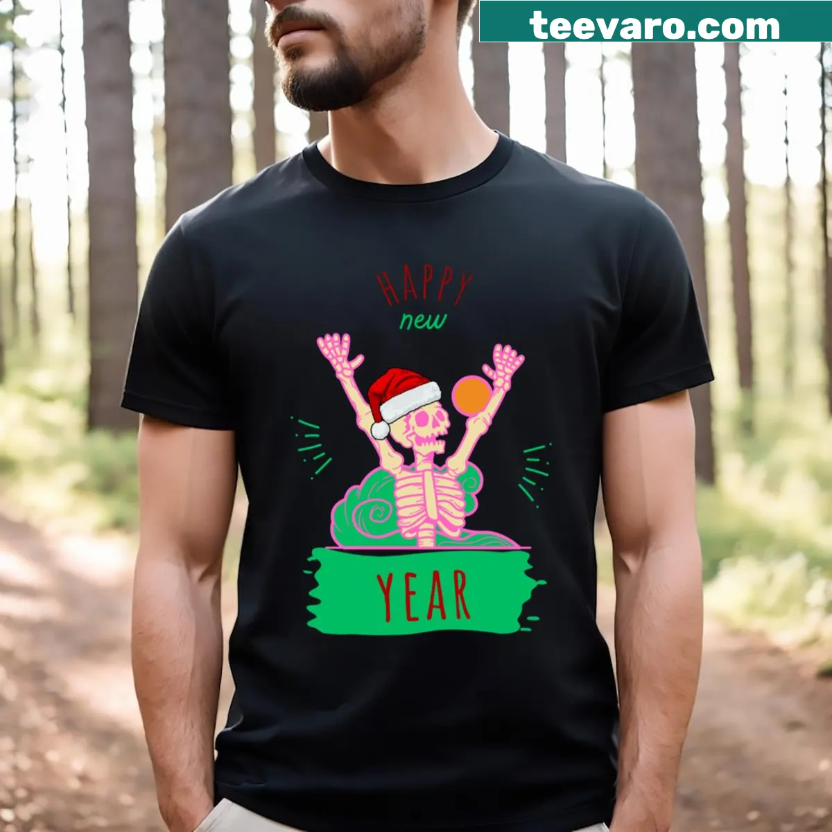 Fun New Year T-shirt featuring a preppy skeleton — on a men's t-shirt