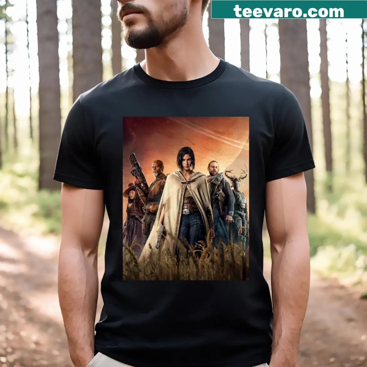 Bold graphic t-shirt inspired by the Rebel Moon universe by Zack Snyder — on a men's t-shirt