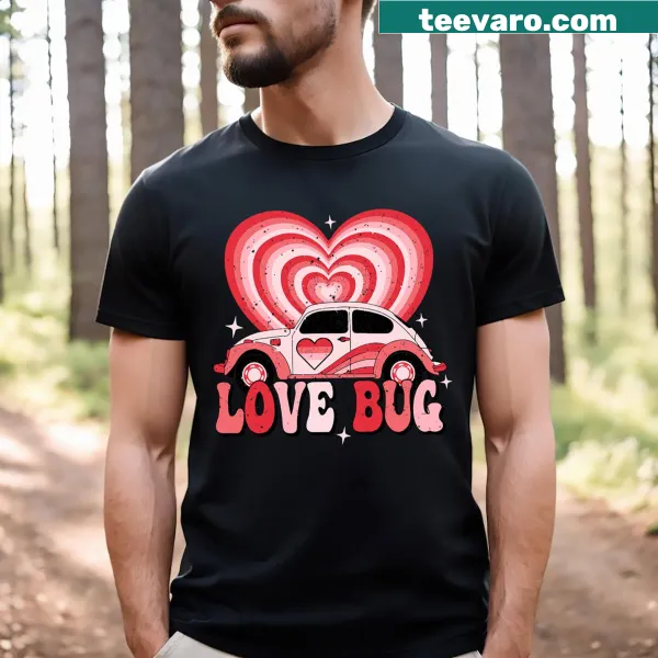 Retro heart-themed Valentine's Day t-shirt featuring a lovebug design