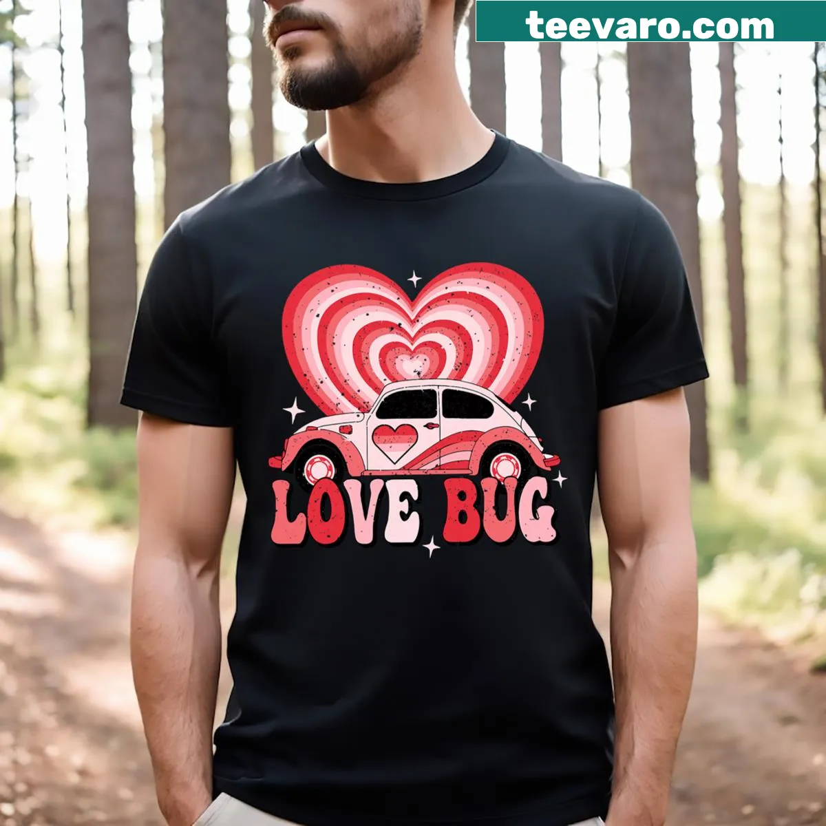 Retro heart-themed Valentine's Day t-shirt featuring a lovebug design — on a men's t-shirt