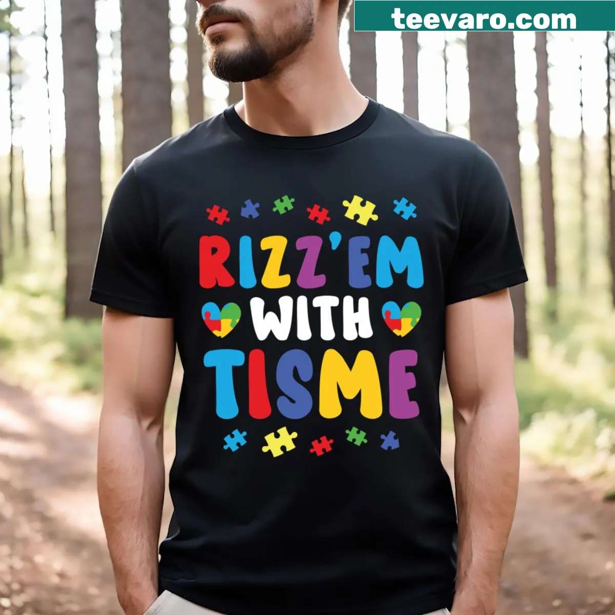 Inspirational t-shirt featuring the phrase 'Rizz'em With The Tism' for autism awareness — on a men's t-shirt