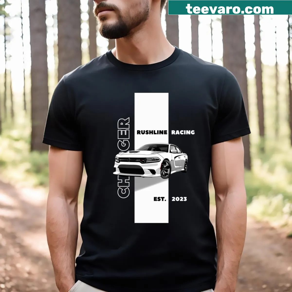 Racing-inspired T-shirt with Charger-themed graphic design. — on a men's t-shirt