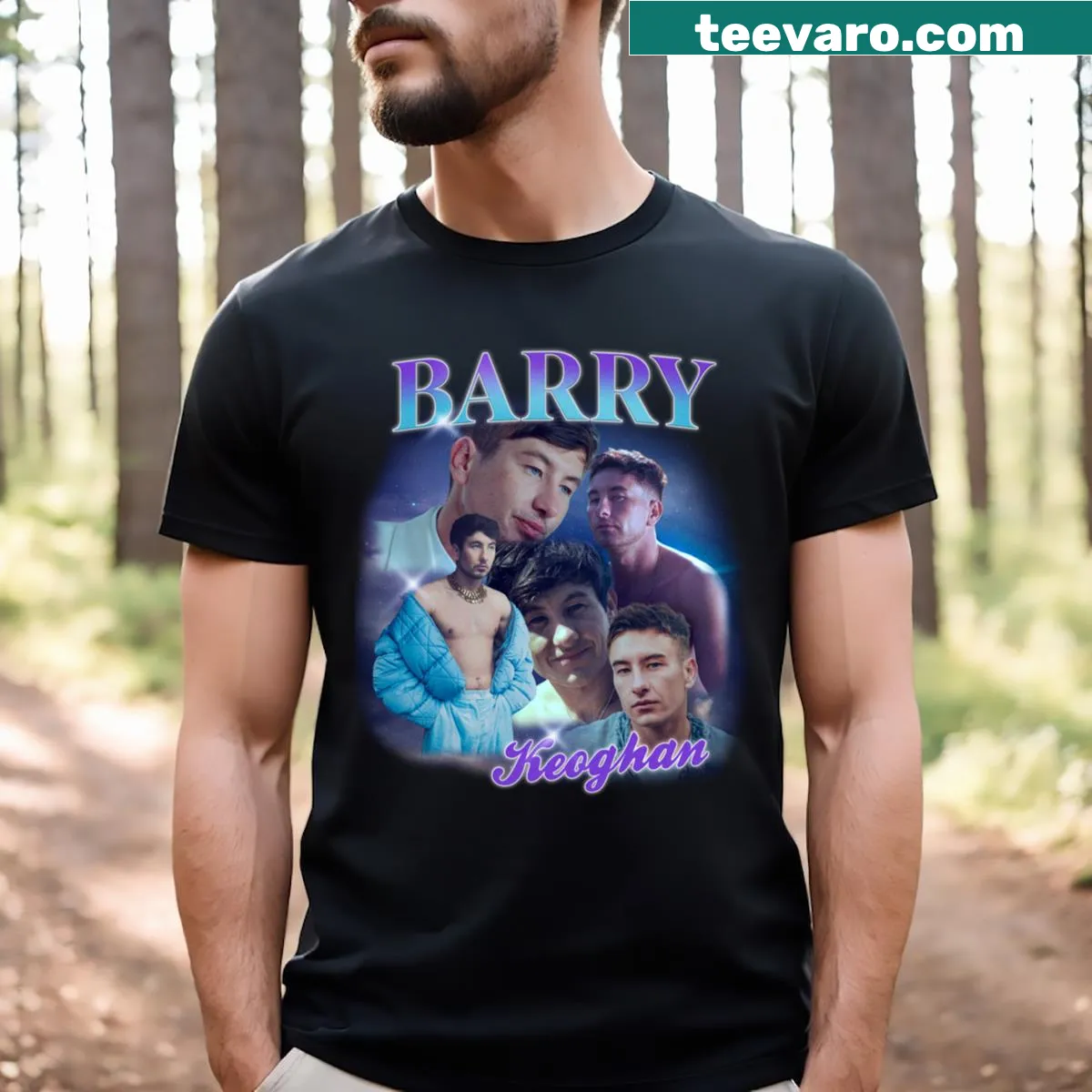 Stylized graphic of Barry Keoghan from Saltburn — on a men's t-shirt