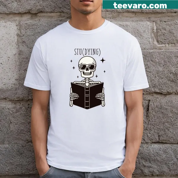 Illustration of a skeleton studying at a desk with books