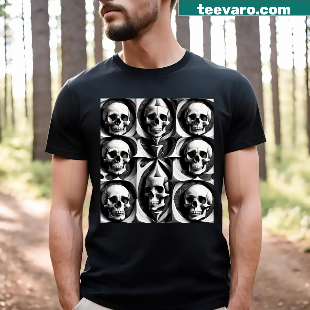 Graphic of skulls and crossbones in bold design — on a men's t-shirt
