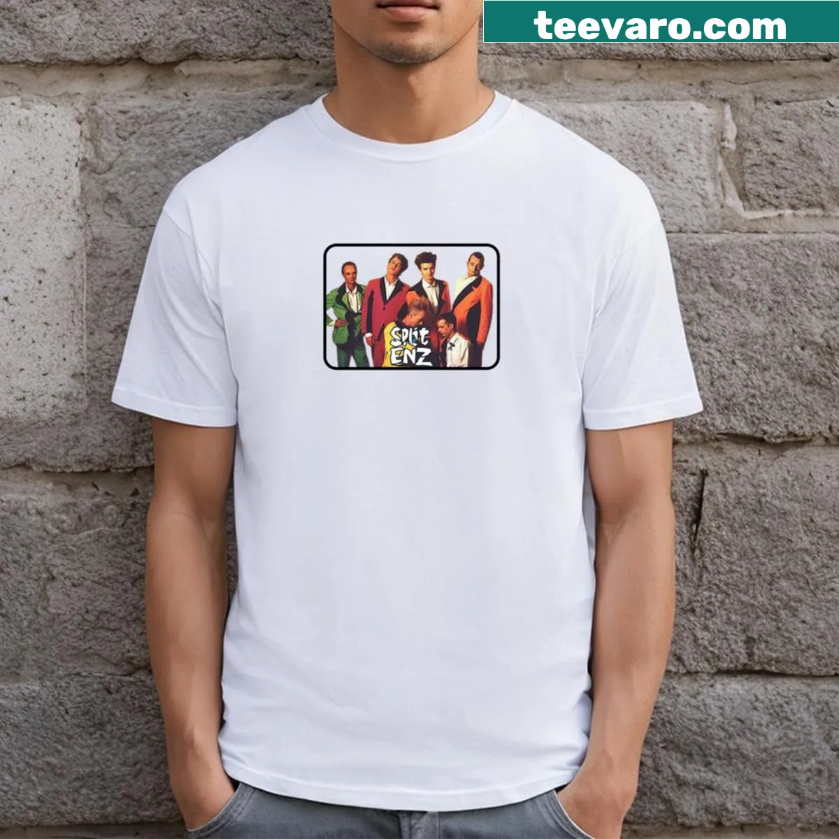 T-shirt honoring the band Split Enz with a tribute design — on a men's t-shirt