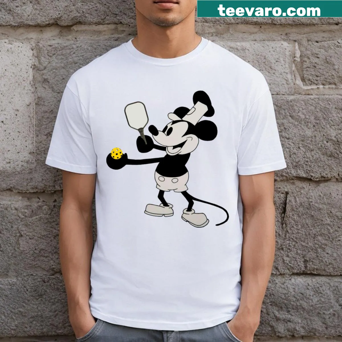 Humorous Steamboat Willie T-shirt with cartoon character playing pickleball — on a men's t-shirt
