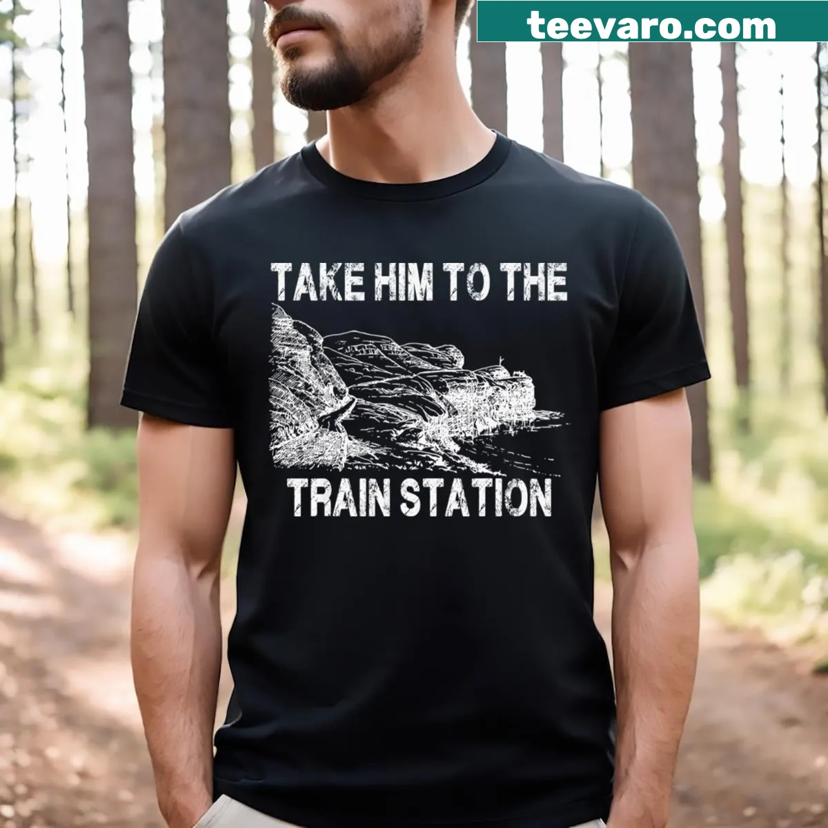 T-shirt with the phrase 'Take Him To The Train Station' — on a men's t-shirt
