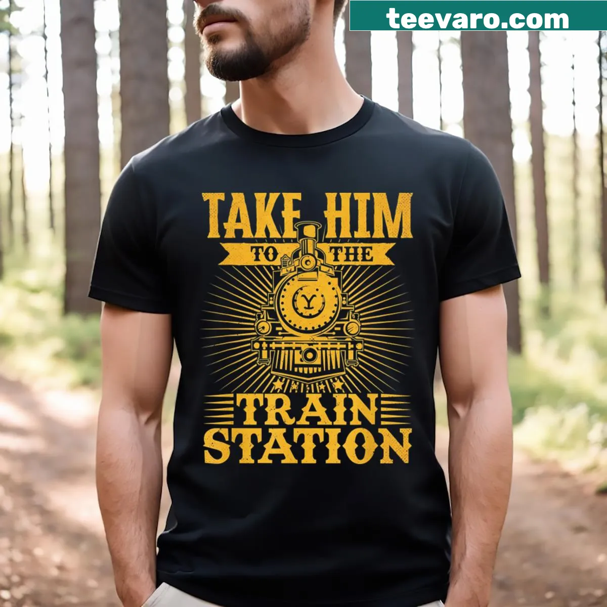 Simple T-shirt with travel-themed text — on a men's t-shirt