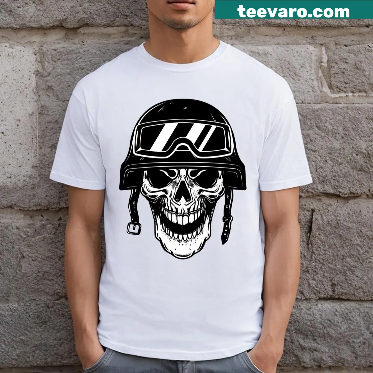 Warrior skull graphic t-shirt featuring military and artistic elements — on a men's t-shirt