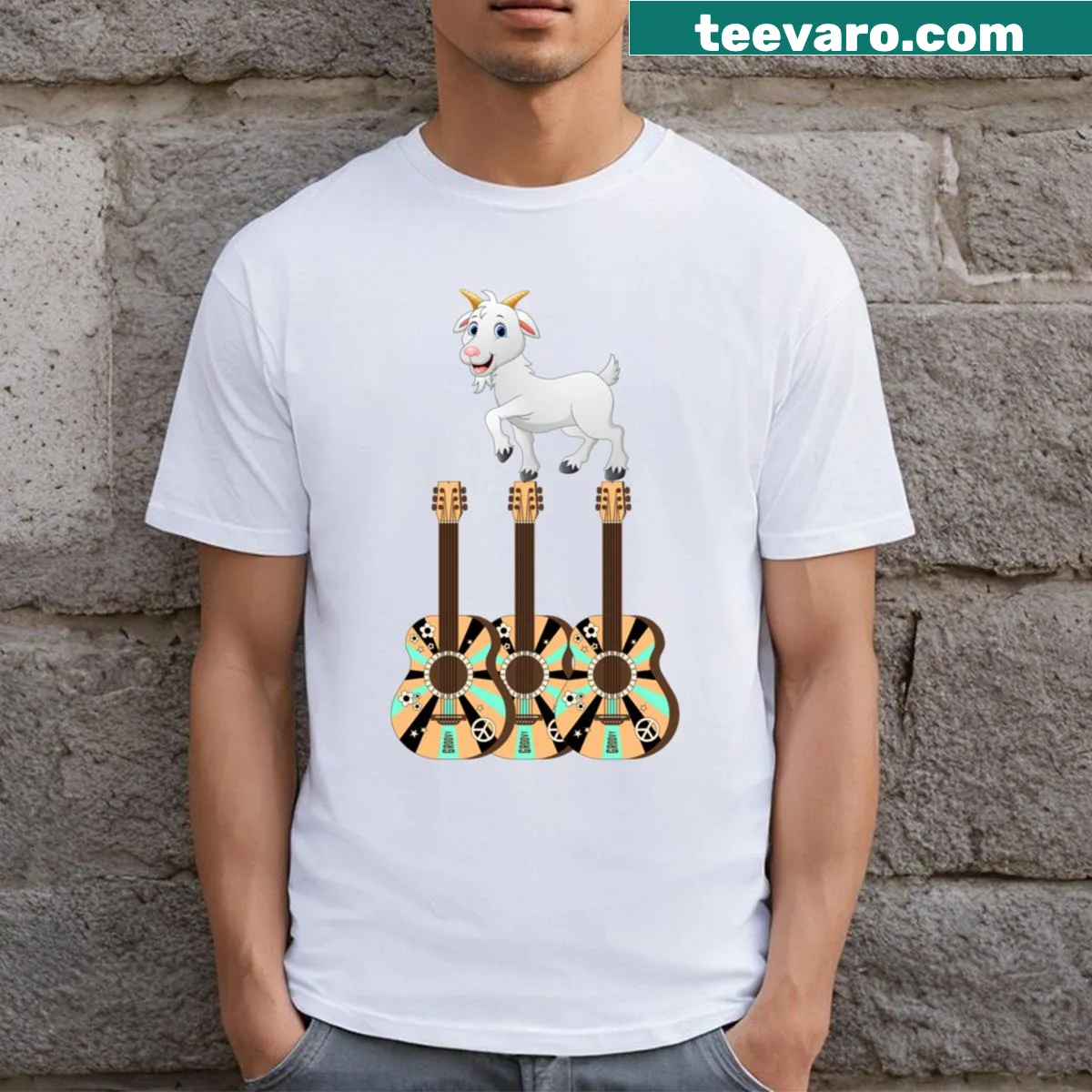 T-shirt featuring a whimsical goat playing guitar — on a men's t-shirt