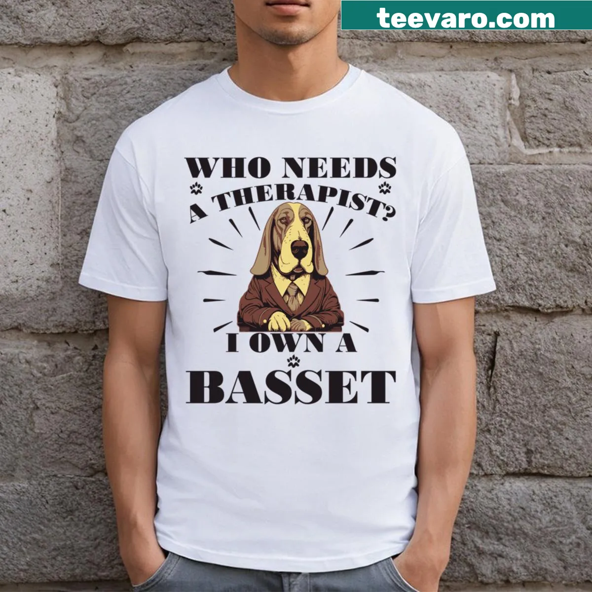 Funny Basset Hound t-shirt with text about therapy — on a men's t-shirt