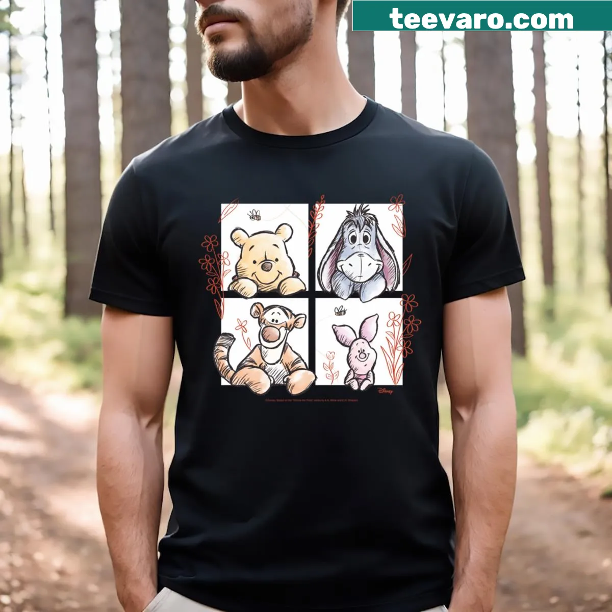 Winnie the Pooh characters t-shirt featuring Pooh, Eeyore, Tigger, and Piglet — on a men's t-shirt