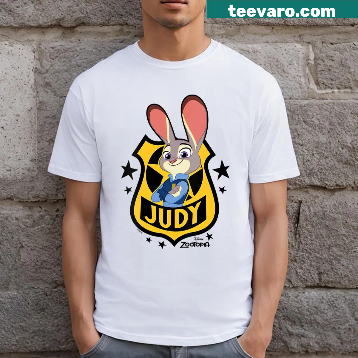 Judy Hopps badge from Zootopia on a V-neck t-shirt — on a men's t-shirt