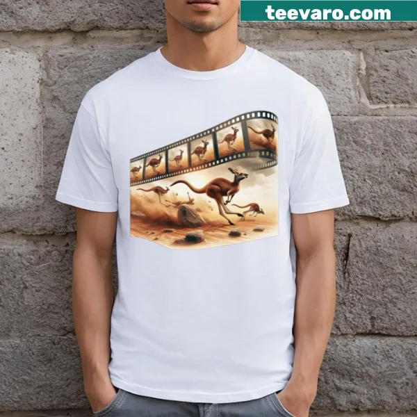 Cartoon of a kangaroo racing on a t-shirt.