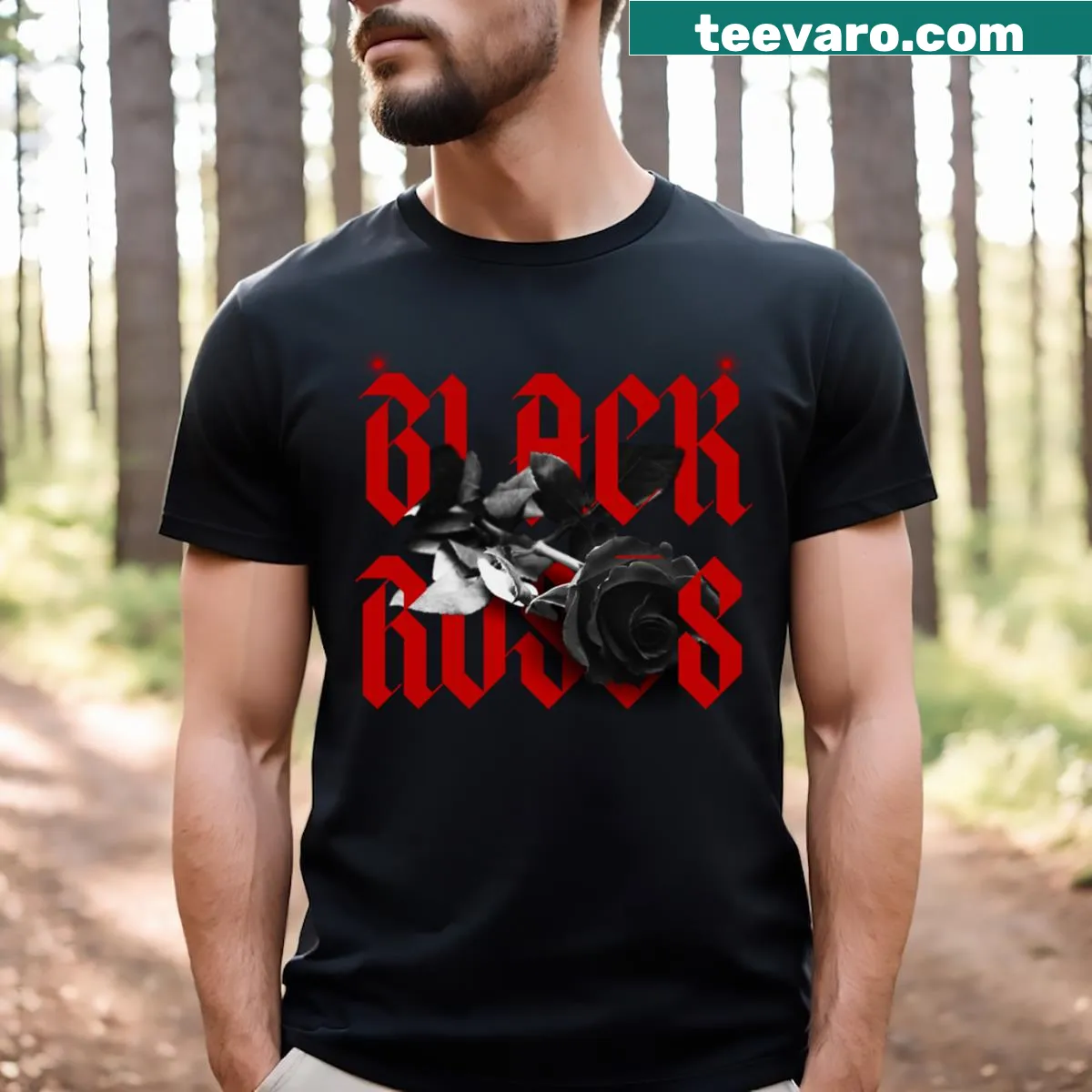 Typographic T-shirt featuring the phrase B L A C K R O S E S — on a men's t-shirt
