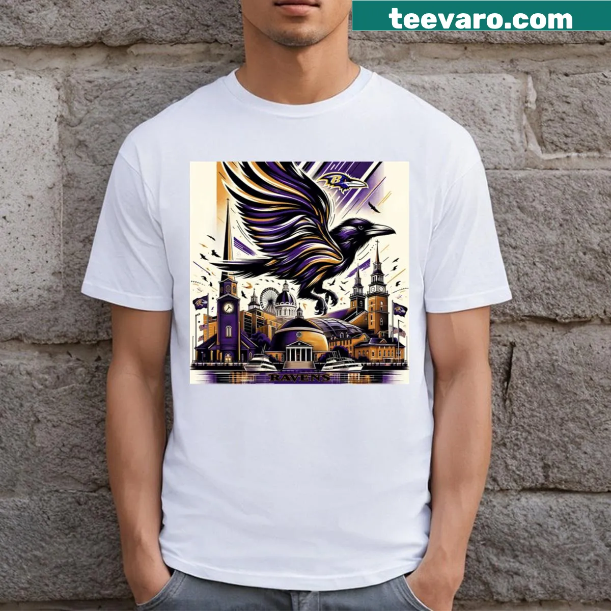 Cityscape artwork T-shirt featuring Baltimore Ravens design — on a men's t-shirt