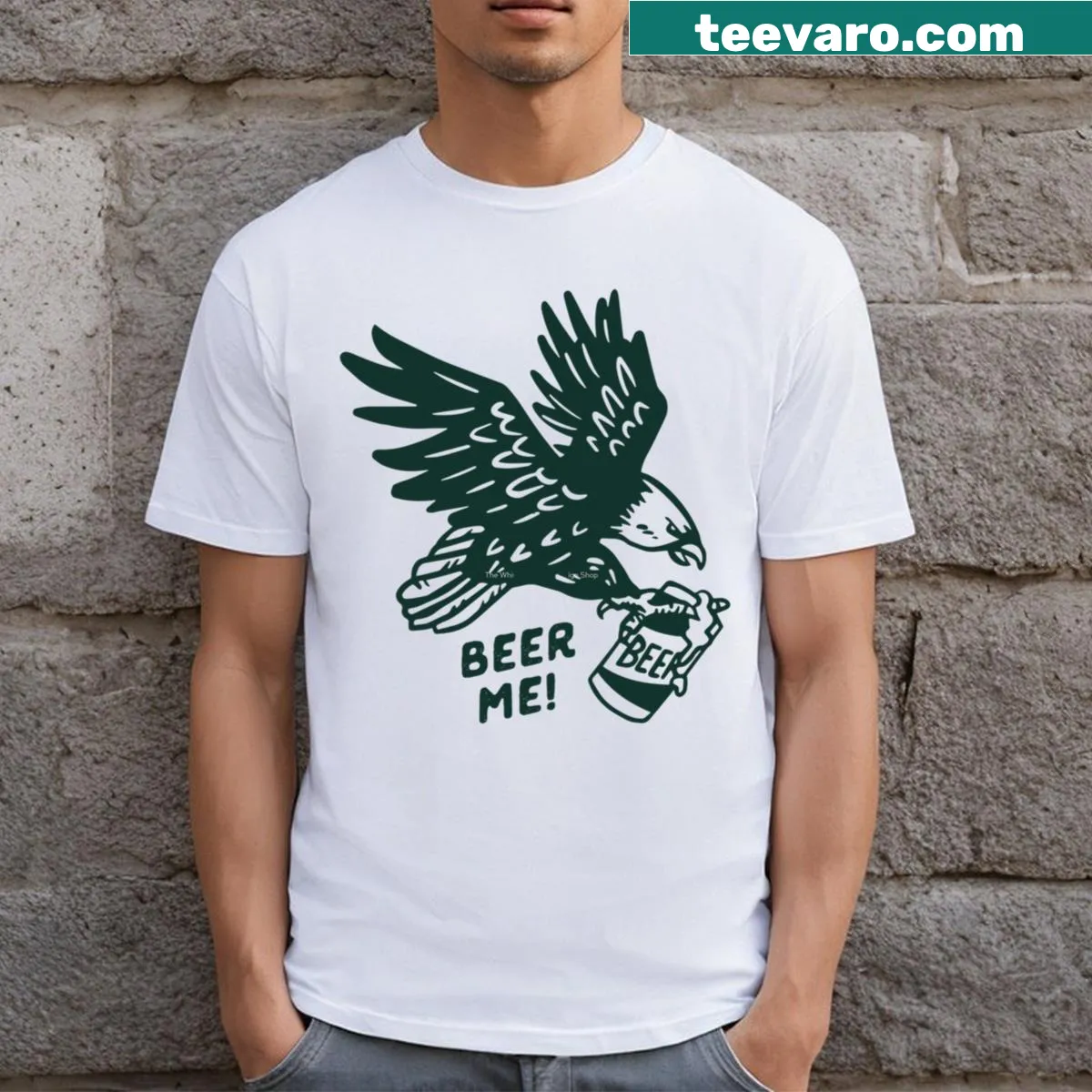 Funny T-shirt featuring Bald Eagle with 'Beer Me' text — on a men's t-shirt
