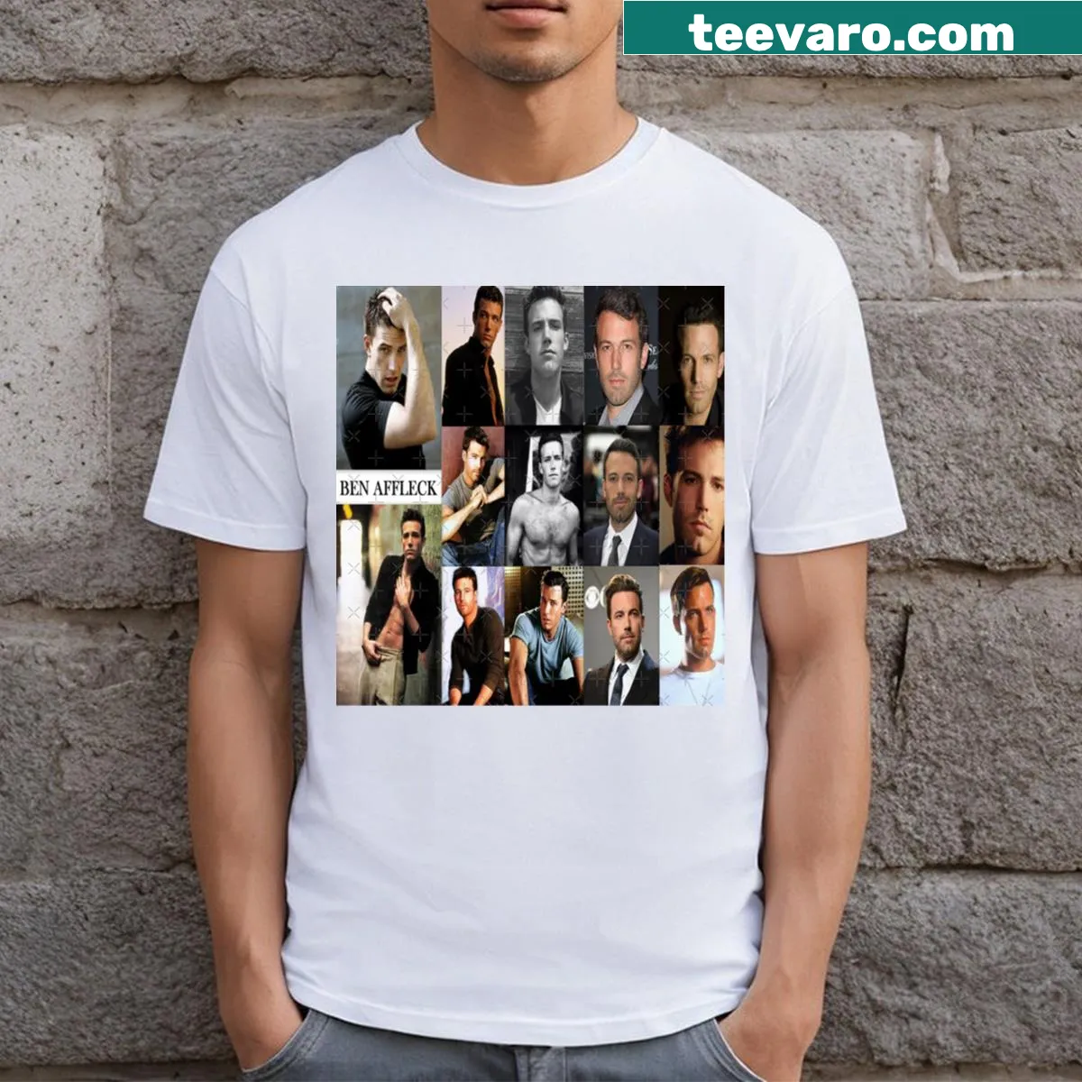 Collage t-shirt featuring various images of Ben Affleck — on a men's t-shirt