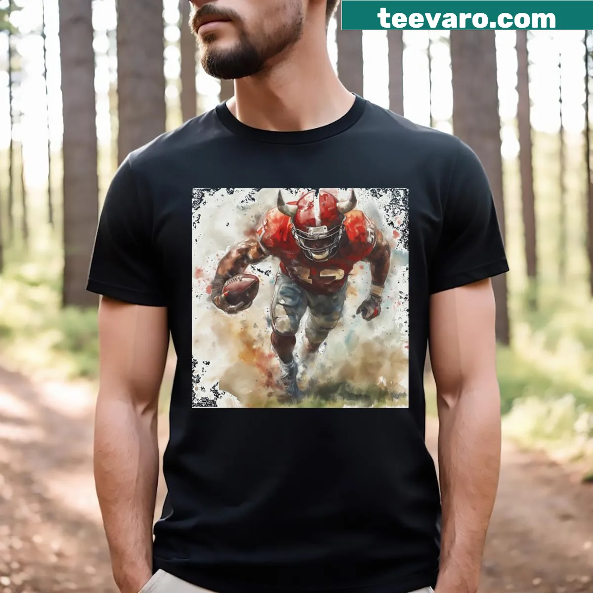 A bull illustrated as an American football player, wearing a helmet and jersey. — on a men's t-shirt