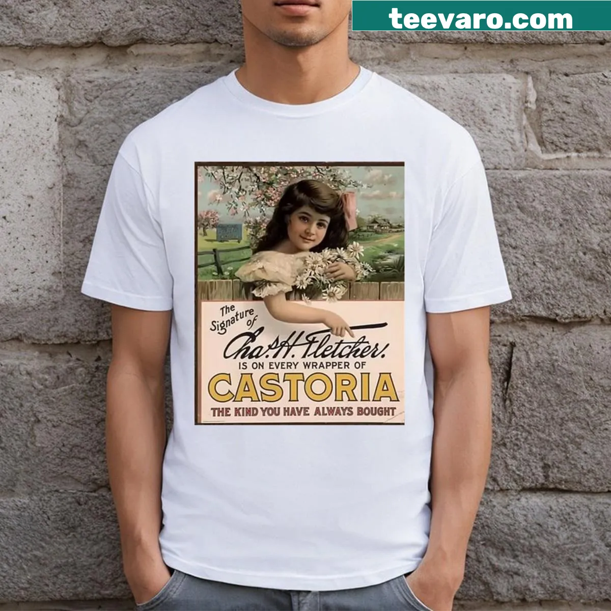 Vintage 1916 Castoria advertisement graphic on a t-shirt — on a men's t-shirt