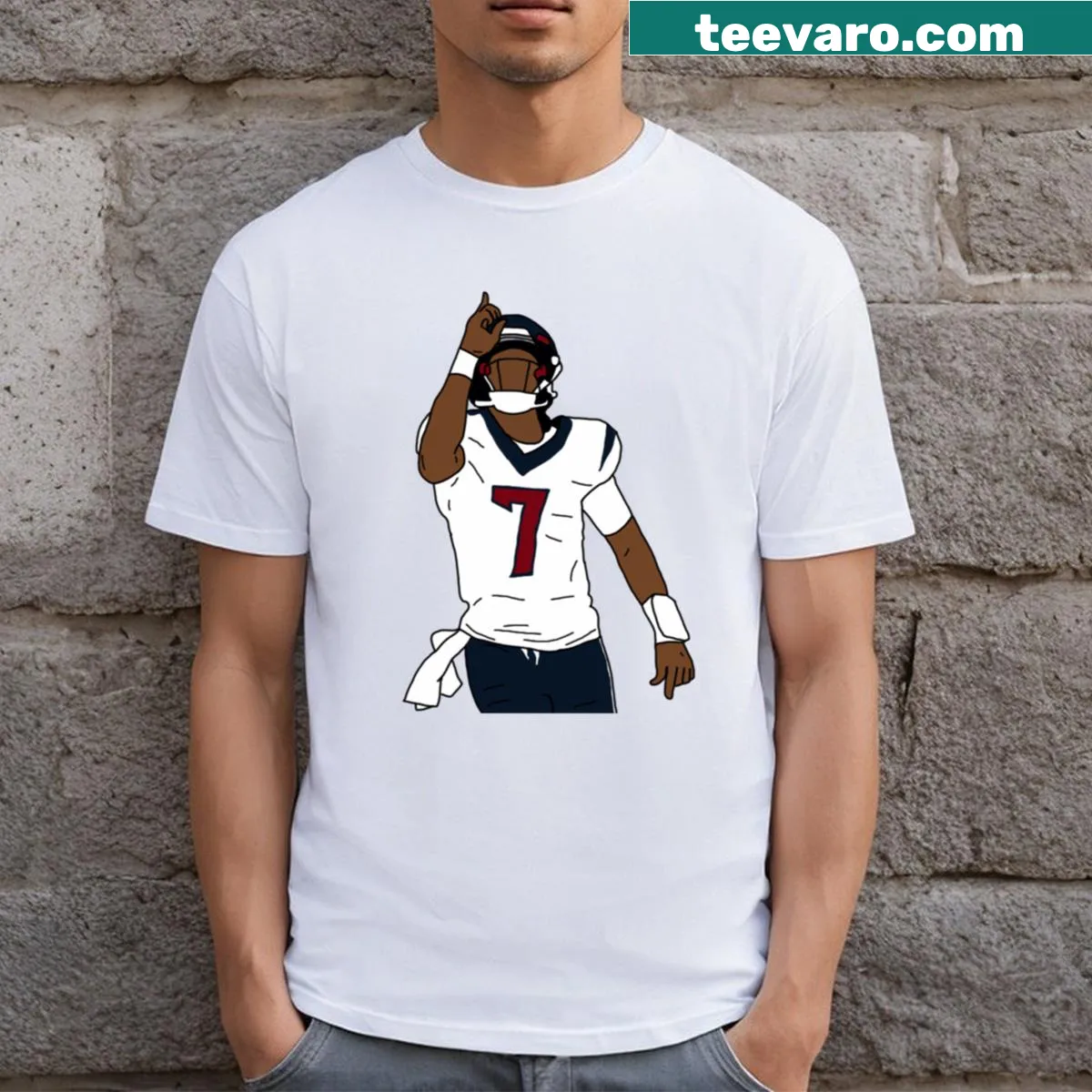 Inspirational t-shirt featuring Cj Stroud pointing to God — on a men's t-shirt