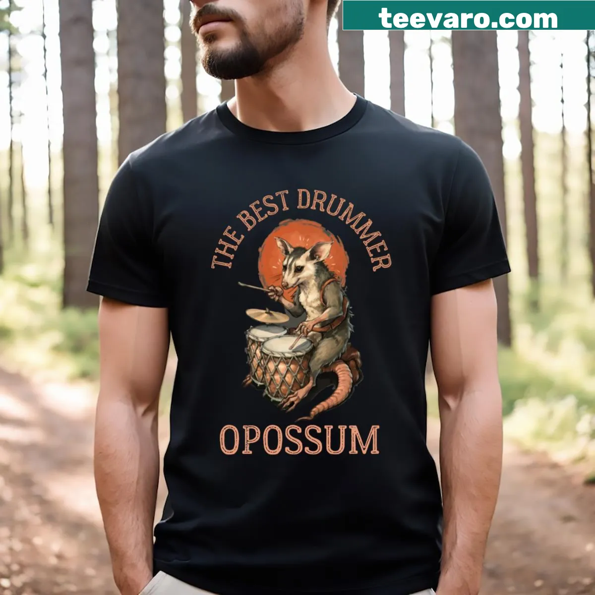Funny T-shirt featuring a cartoon opossum as the best drummer — on a men's t-shirt