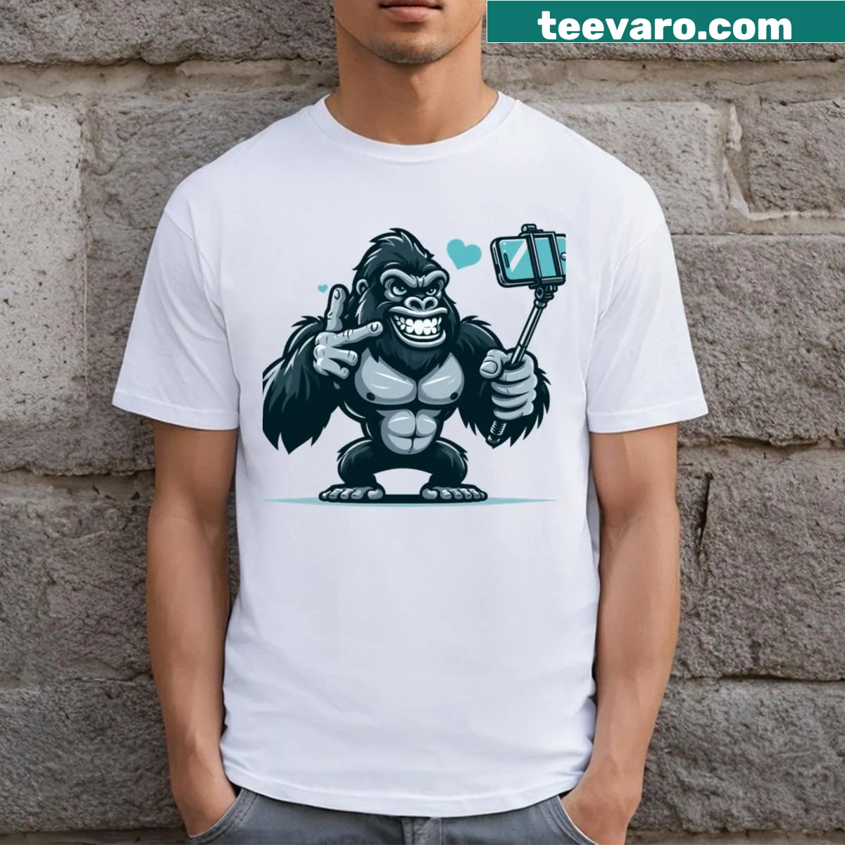 Cartoon gorilla taking a selfie on a T-shirt — on a men's t-shirt
