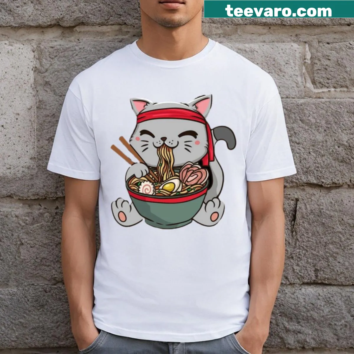 Cute corgi eating ramen in a whimsical graphic design — on a men's t-shirt
