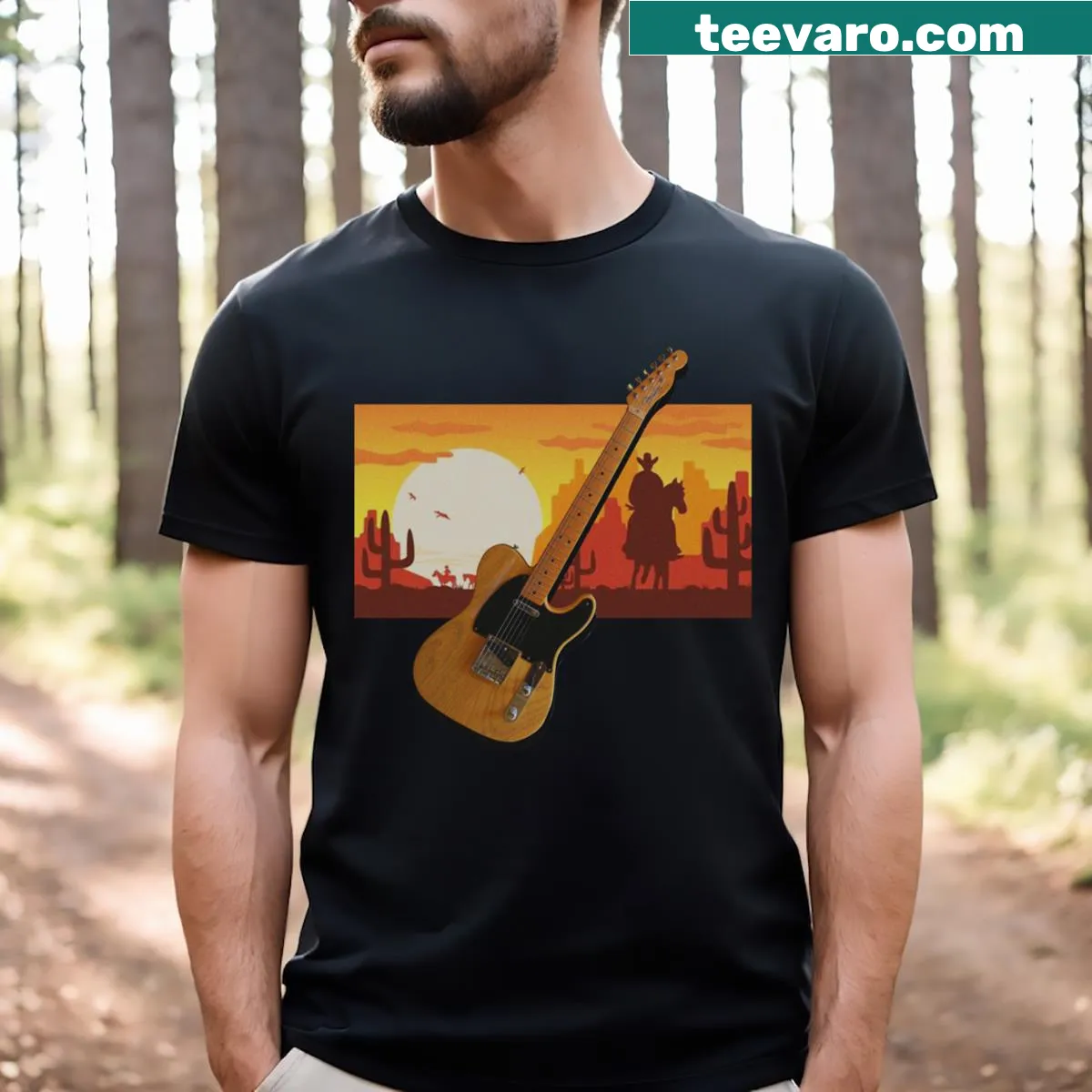 Emblematic T-shirt featuring a Telecaster guitar design for music lovers — on a men's t-shirt