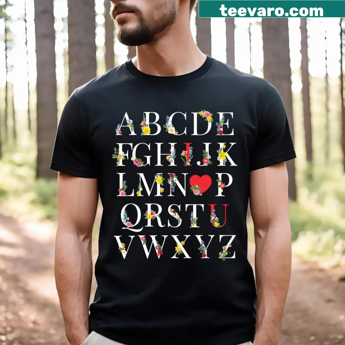 I Love You alphabet teacher t-shirt with heart design — on a men's t-shirt
